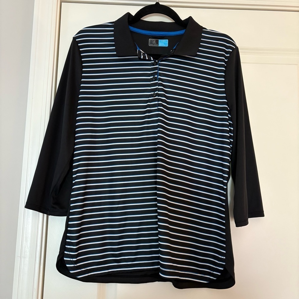 PGA Tour Women’s Black with Blue and White Stripes Long Sleeve Polo Shirt